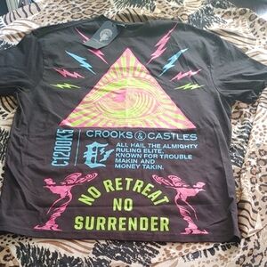 Crooks & Castles Black Tee with Neon Accents Sz XL